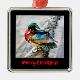 Ornement Carré Argenté Canard en bois coloré Joyeux Noël encadré