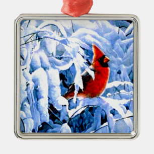 Ornement Carré Argenté Cardinal Rouge dans la neige d'hiver