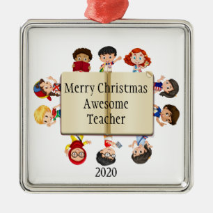 Ornement Carré Argenté Caricature pour enfants de Noël mignonne sur le li