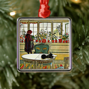 Ornement Carré Argenté Carl Larsson - Fleurs sur un rebord,