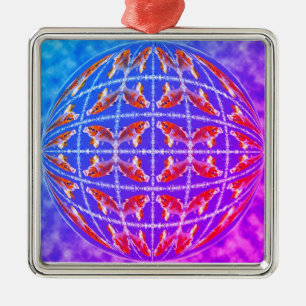 Ornement Carré Argenté Carpe koi multiple dans la sphère
