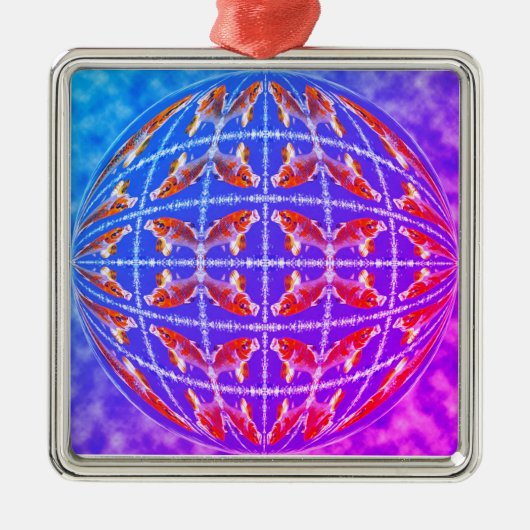 Ornement Carré Argenté Carpe koi multiple dans la sphère (Devant)