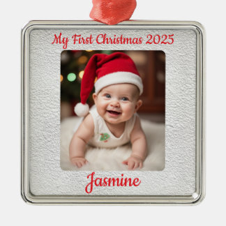 Ornement Carré Argenté Carré personnalisable pour le premier Noël de bébé