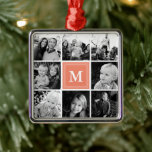 Ornement Carré Argenté Carré Photo Collage Corail Monogramme Personnalisé<br><div class="desc">Carré Photo Collage Monogrammé Ornement métallique personnalisé. Personnalisez ce design personnalisé avec jusqu'à 8 photos et votre propre monogramme initial ou texte personnalisé.</div>
