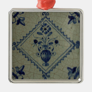 Ornement Carré Argenté Carrelage Bleu Delft - Vase avec Fleurs et Bouquet