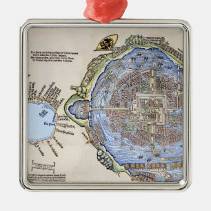 Ornement Carré Argenté Carte antique du Tenochtitlan capitale aztèque