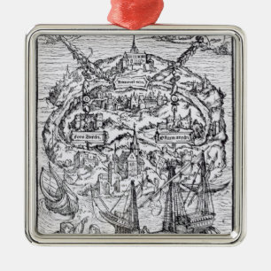 Ornement Carré Argenté Carte de l'île d'Utopie, frontispice de livre