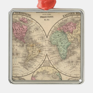 Ornement Carré Argenté Carte d'hémisphères du monde par Mitchell