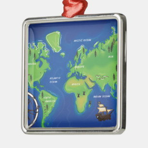 Ornement Carré Argenté Carte du monde