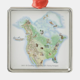 Ornement Carré Argenté Carte illustrée de l'Amérique du Nord