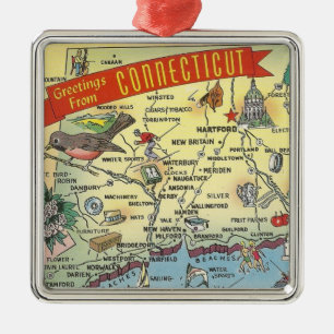 Ornement Carré Argenté Carte vintage du Connecticut 