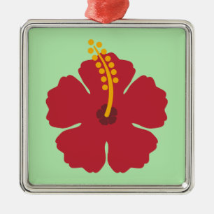 Ornement Carré Argenté Cartoon rouge Hibiscus simple