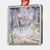 Ornement Carré Argenté Cerf dans une forêt de neige (saison d'hiver) (Gauche)