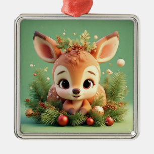 Ornement Carré Argenté Cerf de dessin animé adorable dans un Noël festif