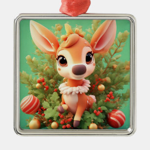 Ornement Carré Argenté Cerf de dessin animé adorable dans un Noël festif
