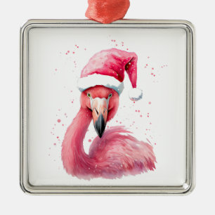 Ornement Carré Argenté Chapeau de santa flamingo drôle Noël tropical joye