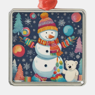 Ornement Carré Argenté Charmant et coloré bonhomme de neige de Noël