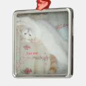 Ornement Carré Argenté Chat blanc mignon étiré (Gauche)