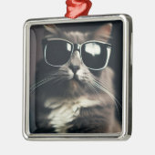 Ornement Carré Argenté Chat Cool (Gauche)