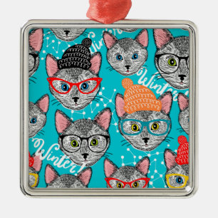 Ornement Carré Argenté Chat dans le casquette