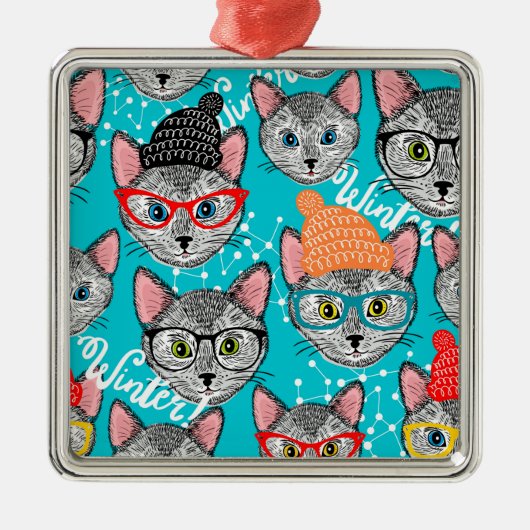 Ornement Carré Argenté Chat dans le casquette (Devant)