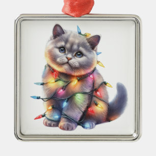 ORNEMENT CARRÉ ARGENTÉ CHAT DE FÊTE ADORABLE AVEC LUMIÈRES DE NOËL