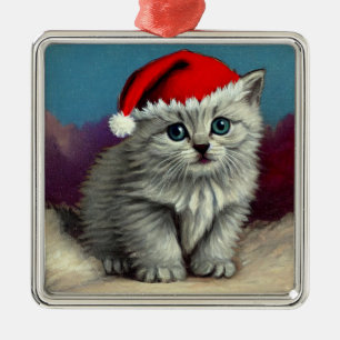 Ornement Carré Argenté Chat de Noël Vintage à Santa Hat