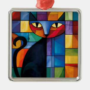 Ornement Carré Argenté Chat noir géométrique Grille de verre teinté