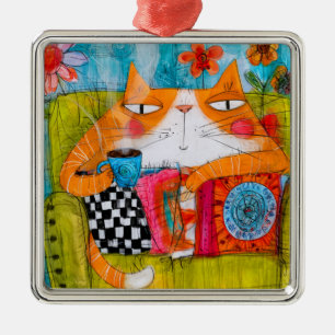 Ornement Carré Argenté Chat roux fantaisiste avec tasse de thé