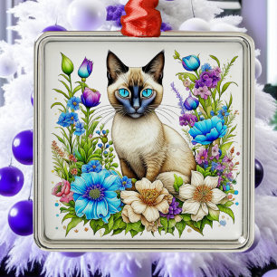 Ornement Carré Argenté Chat siamois à l'aquarelle Ai dans les fleurs