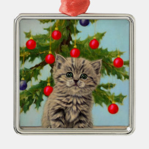 Ornement Carré Argenté Chat vintage et sapin de Noël