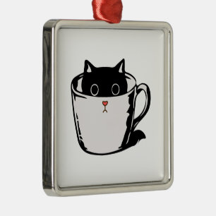 Ornement Carré Argenté Chaton noir avec nez rouge caché dans une tasse
