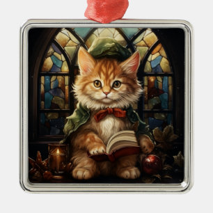 ORNEMENT CARRÉ ARGENTÉ CHATON TABBY ORANGE VERRE COLORÉ