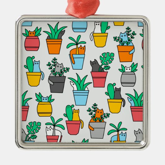 Ornement Carré Argenté Chats dans les pots à fleurs (Devant)