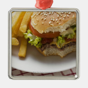 Ornement Carré Argenté Cheeseburger, morsures prises, avec des puces