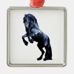 Ornement Carré Argenté Cheval frison, étalon noir de beauté, cartooned