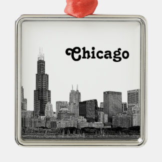 Ornement Carré Argenté Chicago Skyline Etched