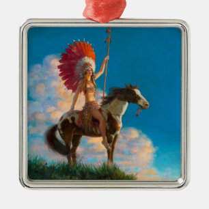 Ornement Carré Argenté Chieftess Femme Amérindienne Chef