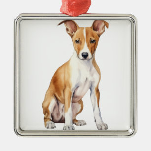 ORNEMENT CARRÉ ARGENTÉ CHIEN BASENJI A L'AQUARELLE BRUN ET BLANC