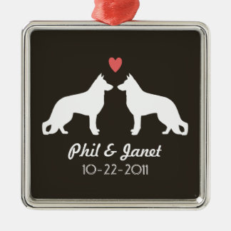 Ornement Carré Argenté Chien berger allemand Silhouettes Couple personnal