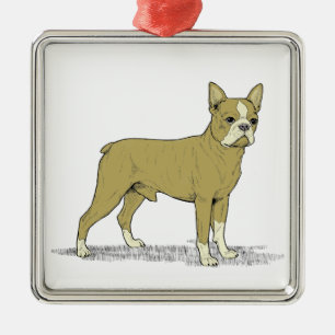 Ornement Carré Argenté Chien Bouledogue Français de Style Vintage