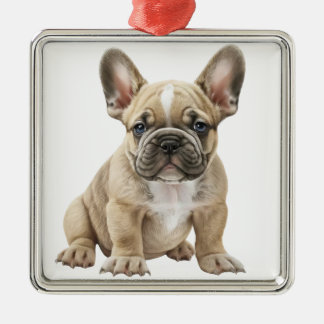 ORNEMENT CARRÉ ARGENTÉ CHIEN BOULEDOGUE FRANÇAIS TAN AQUARELLE