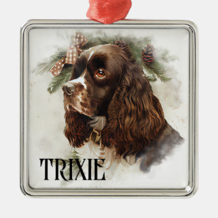 ORNEMENT CARRÉ ARGENTÉ CHIEN COCKER SPANIEL DE FÊTE À L'AQUARELLE