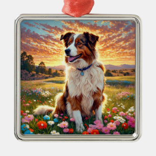 Ornement Carré Argenté Chien de berger Border Collie
