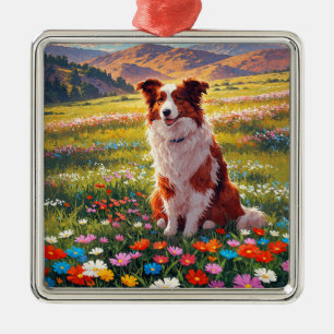 Ornement Carré Argenté Chien de berger Border Collie