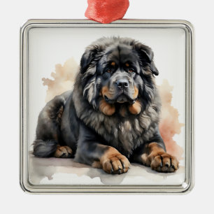 ORNEMENT CARRÉ ARGENTÉ CHIEN DE MASTIFF TIBÉTAIN FLUFFÉ GÉANT