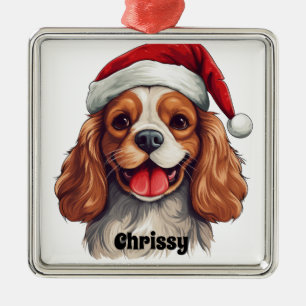 ORNEMENT CARRÉ ARGENTÉ CHIEN DE NOËL CAVALIER KING CHARLES SPANIEL