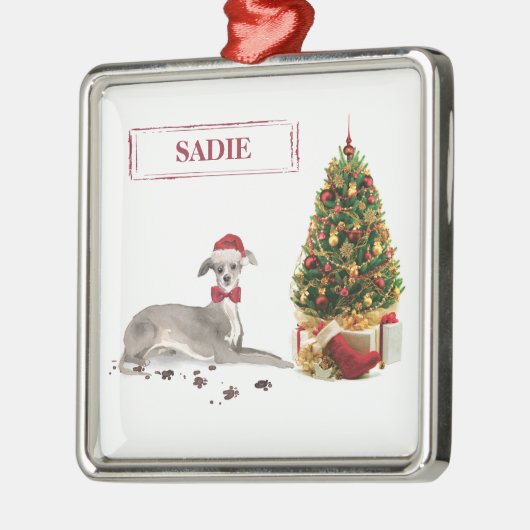 Ornement Carré Argenté Chien de Noël italien Greyhound avec arbre (Gauche)