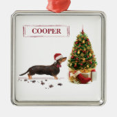 Ornement Carré Argenté Chien de Noël noir et Tan Dachshund drôle (Devant)