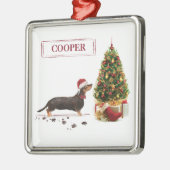 Ornement Carré Argenté Chien de Noël noir et Tan Dachshund drôle (Gauche)